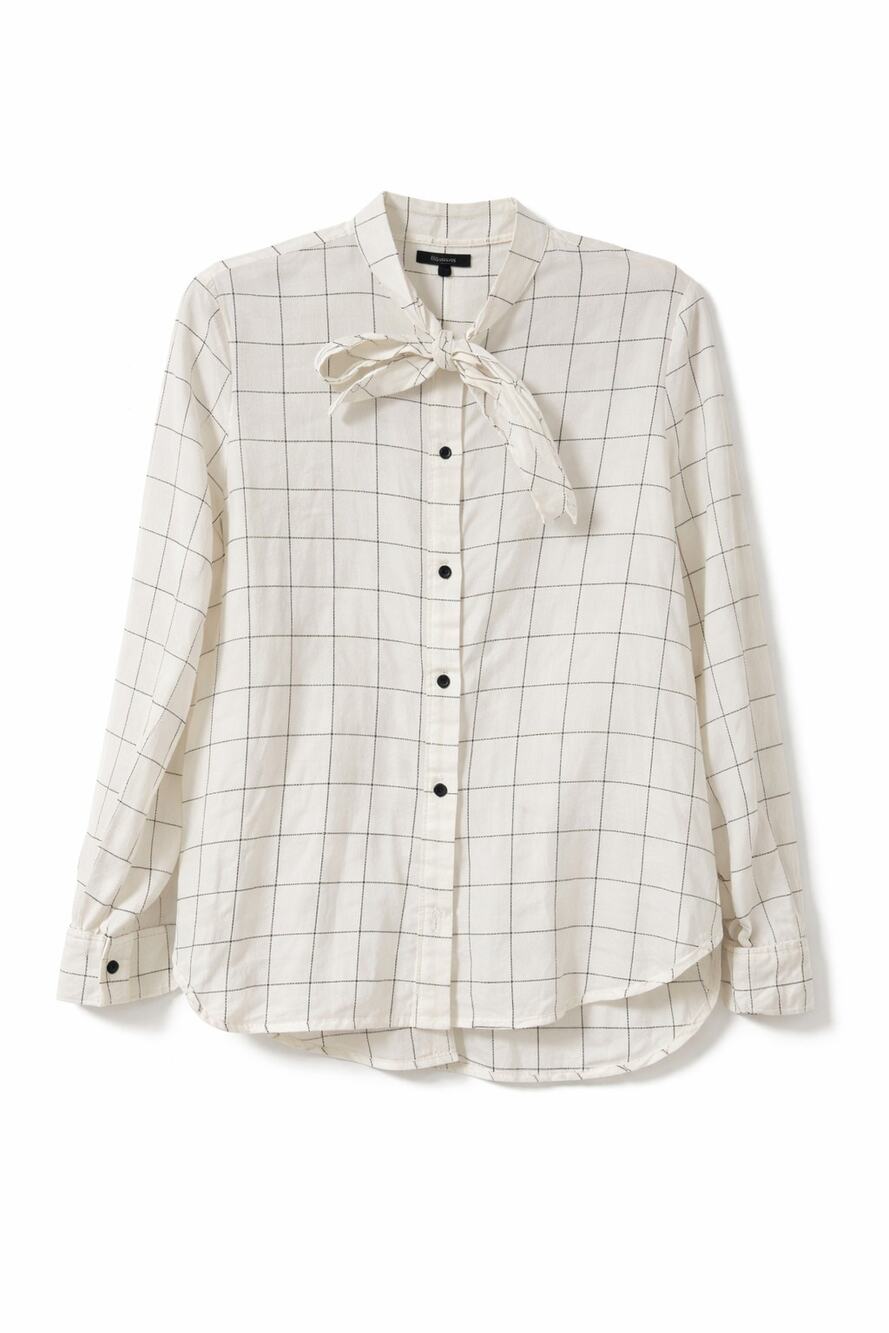 Madewell Plaid Flannel Blouse Windowpane Tie Neck Cotton Long Sleeve Shirt M